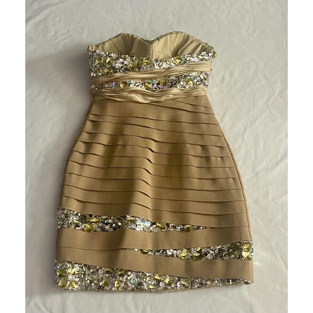 Mac Duggal Gold Beaded Sequin Strapless Mini Dress Size 4 Prom Cocktail Formal - Picture 4 of 9